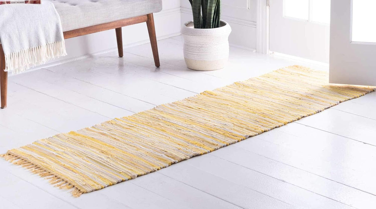 Chindi Cotton Collection Soft Hand Woven Natural Fiber Striped Area Rug, 2 ft 2 in x 6 ft 7 in, Yellow/Ivory