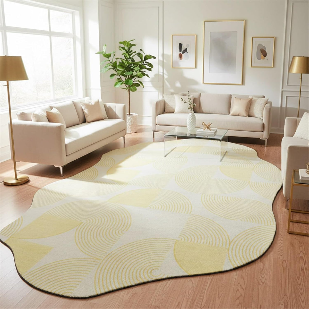Modern Abstract Irregular Shaped Rug 2x3 Minimalist Geometric Striped Carpet for Livingroom Bedroom Diningroom Light Yellow Cream Indoor Large Rugs Soft Non Slip Thin Low Pile Home Office Floor Mat