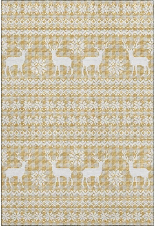 Holiday Festive Theme Soft Plush Thick Pile Christmas Area Rug 2'6" x 3'10"| | Winter Cheer Xmas Playful Deer Snowflakes Plaid Patterns Gold Yellow White Color | Washable Nonslip Indoor Outdoor Rugs