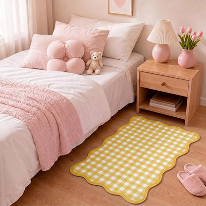 Yellow and White Small Scalloped Plaid Rug 1.4x2.3ft Buffalo Checkered Mat