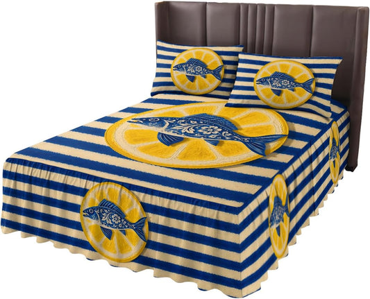 Ruffle Bed Skirt Full, Blue Fish Yellow Lemon Soft Microfiber Fitted Bedding Sheet Bedskirt 18 Inch Drop, Blue White Striped Elastic Wrap Around Bed Skirt Pillowcases Set