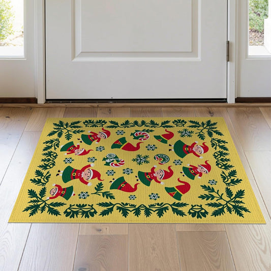 Flatwoven High Traffic Area Rug 2x3, Christmas Elf Bathroom Featuring Jolly Winter Woodland Characters, Non Slip, Stain Resistant, Washable Area Rugs for Living Room, Bedroom (Yellow, 2x3)