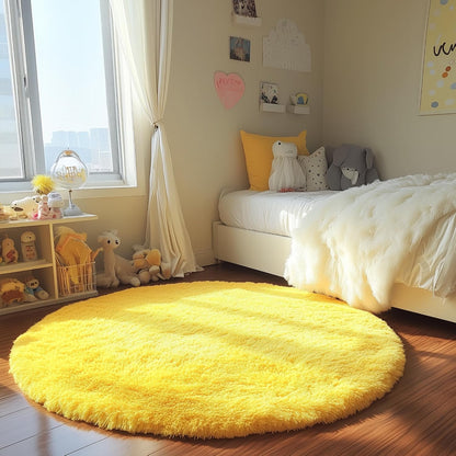Round Area Rugs 5Ft, Fluffy Yellow Carpets for Bedroom Girls,Cute Rug for Girls Room,Fuzzy Rug for Playroom,Circle Rugs for Kids Room,Shag Furry Carpet Rugs for Reading Nook, Baby Room