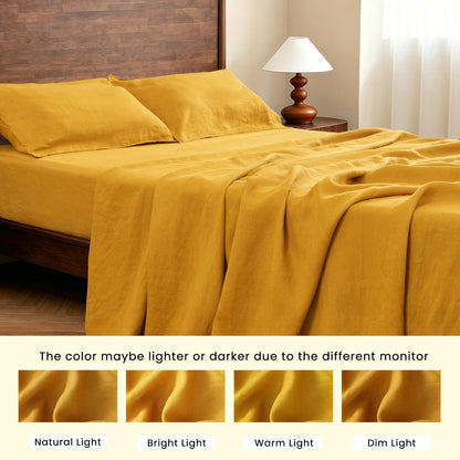 100% Organic Linen Flat Sheet Queen Size Only 1 Piece-Stone Washed French Flax Bed Sheet,Soft Flat Top Sheet Breathable(90"x102",Yellow)