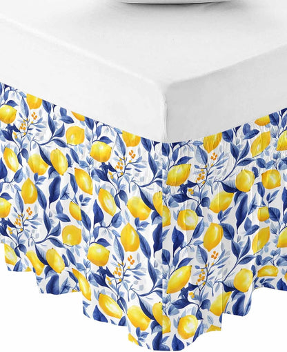 Summer Lemon Bed Skirt Queen Size 16 Inch Drop, Adjustable Elastic Wrap Around Bed Skirts Easy Fitting Dust Ruffle Bedskirt Bed Frame Cover Watercolor Yellow Blue Garden Floral
