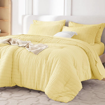 5 Pieces Twin XL Comforter Set, Seersucker Bed in a Bag Twin XL Size, All Season Luxury Bedding Set with Comforter, Flat Sheet, Fitted Sheet, Pillowcase & Sham, Yellow