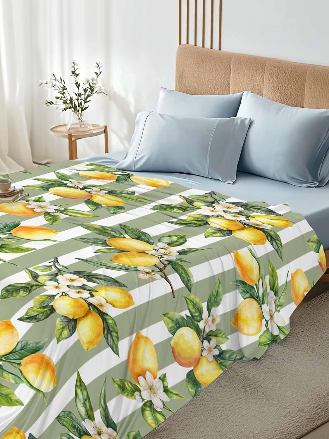 Twin Flat Sheet Only,Vintage Farm Lemon Flowers Top Sheet Breathable Soft Brushed Polyester Microfiber Bed Sheets,Yellow Fruit on Sage Green Stripe Hotel Luxury Bedding Sheets for Women,Men,Teens