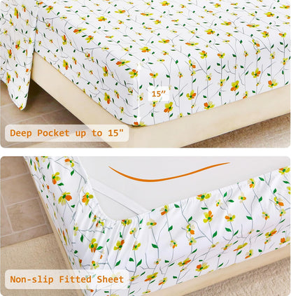 lasoftan Floral Queen Comforter Set with Sheets, 7 piece Luxury Vintage Bedding, Soft Microfiber Bed in a Bag, Cozy Lightweight Bed Set, Yellow Flower