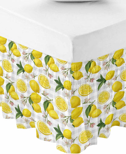 Yellow Summer Lemon Bed Skirt Queen Size 16 Inch Drop, Adjustable Elastic Wrap Around Bed Skirts Easy Fitting Dust Ruffle Bedskirt Bed Frame Cover Summer Botanical Gray Plaid