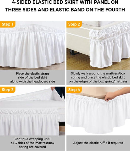 Yellow Lemon Bed Skirt Queen Size 16 Inch Drop, Adjustable Elastic Wrap Around Bed Skirts Easy Fitting Dust Ruffle Bedskirt Bed Frame Cover Summer Fruit Rustic Blue Striped