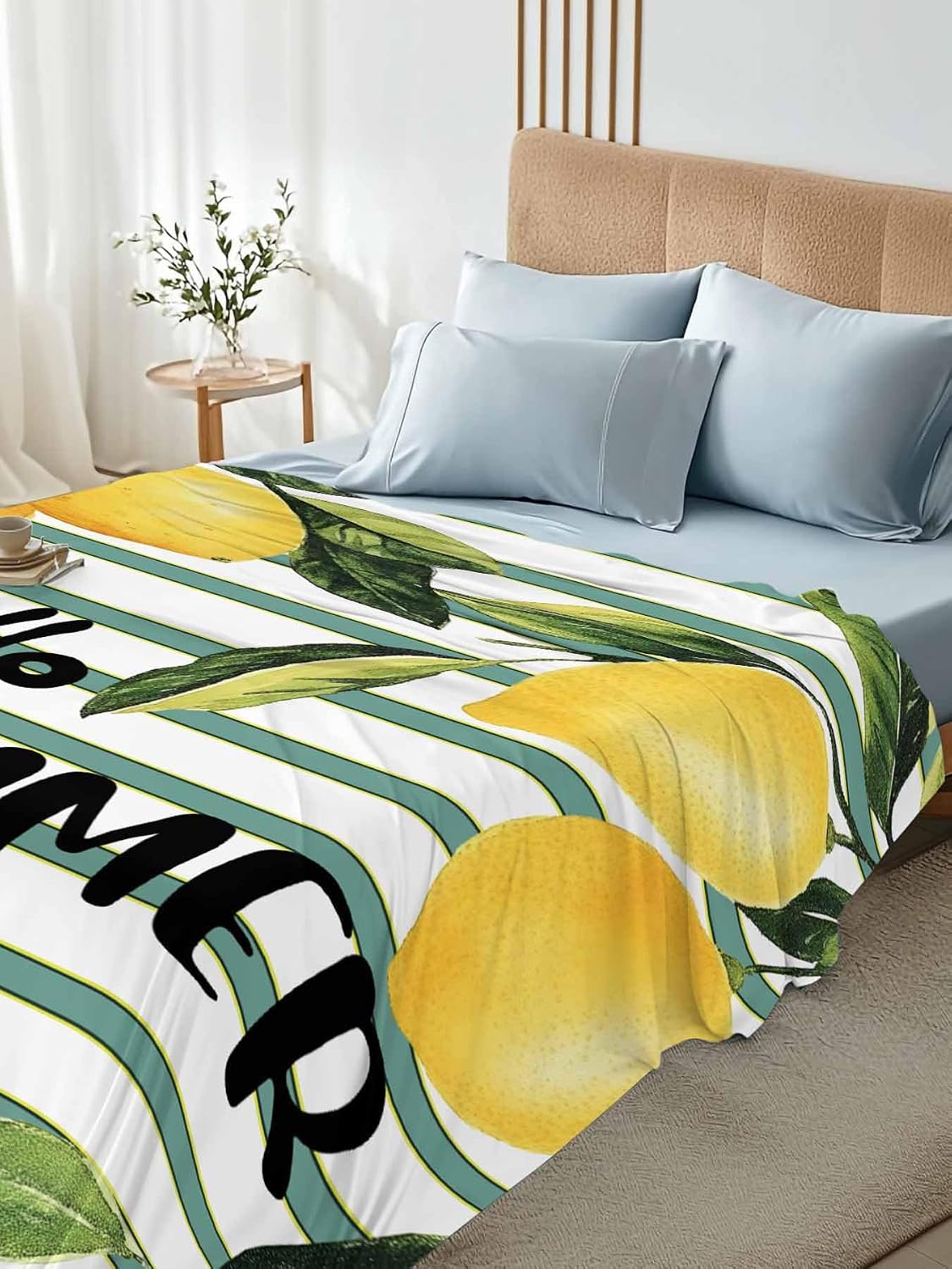 Flat Sheets Queen Size Bedding Sheet,Summer Yellow Lemon Leaf on Striped Soft Microfiber Breathable Top Sheets for Bedroom Hotel Luxury-1 Bed Flat Sheet Only,Farmhouse Fruit Theme