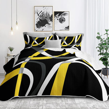 3 Piece Black Yellow Full Queen Quilt Reversible Bedding Set