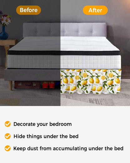 Yellow Lemon Bed Skirt Queen Size 16 Inch Drop, Adjustable Elastic Wrap Around Bed Skirts Easy Fitting Dust Ruffle Bedskirt Bed Frame Cover Blooming Floral Botanical Leaves