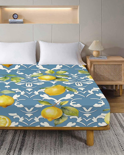 Twin Size Top Sheet Only, Summer Lemon Leaves Yellow Fruit Flat Sheet Microfiber Breathable Soft Bed Sheet, Abstract Floral Pattern on Blue Hotel Luxury Bedding Flat Sheets for Bedroom
