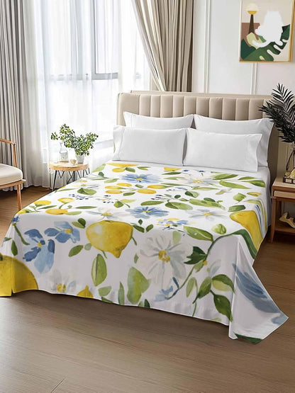 Flat Sheet, 1 Piece Top Sheet Twin Size Yellow Lemon Blue Flowers Soft Breathable Bed Sheet Watercolor Floral Leaf Brushed Microfiber Bed Sheet, Wrinkle Resistant, Fade Resistant Bedding