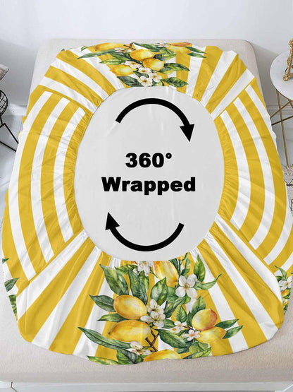 Yellow Lemon Stripes Full Sheet Set Deep Pocket Fitted Sheet Sets Soft Breathable Floral Fruit Leaves Sheet & Pillowcase Sets 3 Pieces Bed Sheets with Elastic Band Fits Mattress