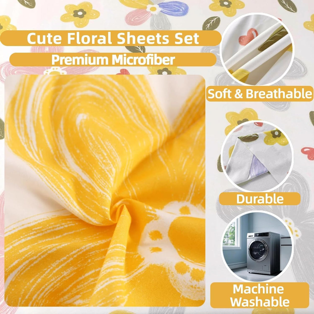 4 Pieces Yellow Floral Sheets Set Queen, Soft Microfiber Floral Sheets Queen Size, Fade Resistant, Flower Sheet Bed Set Deep Pocket All Season
