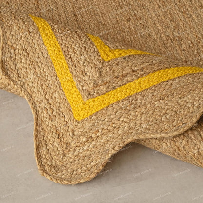 Natural Jute Wave Scalloped Area Rug 2x12 Ft - Yellow Runner Stripe Rugs for Home & Kitchen, Handmade Carpet, Natural Jute Hallway Large Rectangular Area Rug