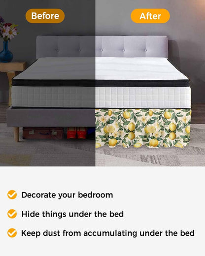 Yellow Lemon Bed Skirt Queen Size 16 Inch Drop, Adjustable Elastic Wrap Around Bed Skirts Easy Fitting Dust Ruffle Bedskirt Bed Frame Cover Floral Fruit Spring Summer Watercolor Green