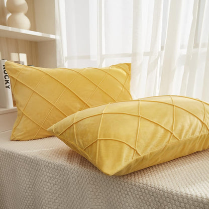 Diamond Pinch Pleated Crystal Velvet Pillowcases 2 Pack Solid Pintuck Throw Cushion Cover for Home Decor Hidden Zipper Closure (Yellow, Standard)