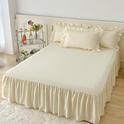 Ruffled Bed Skirt with Platform Classic Solid Color Microfiber 16 Inch Drop Bed Sheet with Skirt, Light Yellow, Full