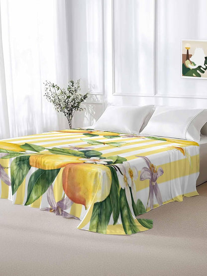 Flat Sheet Only Bedding Top Sheet Twin Lemon Fruits Floral Leaves Soft Microfiber Breathable Bed Sheets, Yellow Stripes Flat Sheets for Bedroom Sofa Men/Women