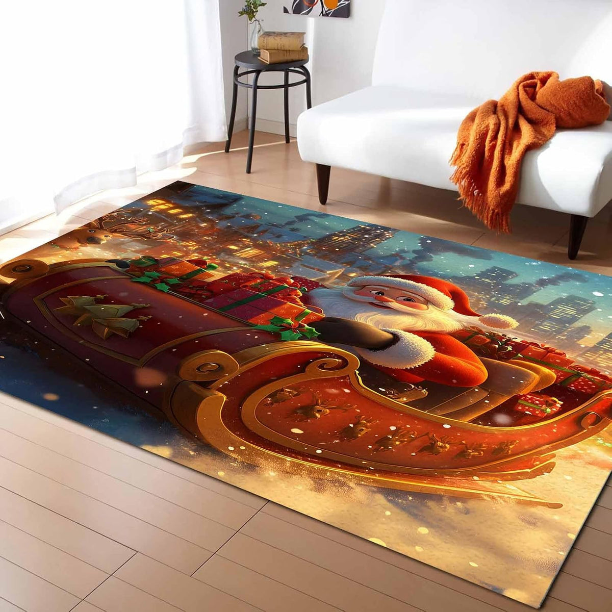 Christmas Yellow Red Area Rug for Living Room 2.7x5 Modern Rug Washable Abstract Area Rug Large Non Slip Winter Santa Claus Elk Gifts Floor Carpet Mat Soft Indoor Rug for Bedroom Nursery Office