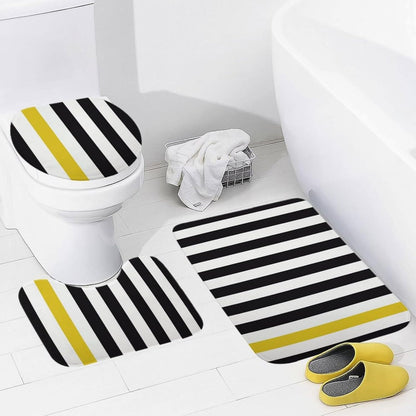 3 Pieces Bath Rug Set, Black White & Yellow Stripe Bathroom Mat Set Non Slip & Absorbent Bath Carpet, U Shaped Contour Rug & Toilet Lid Cover