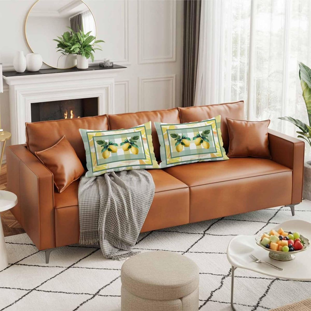 Pillow Cases Standard Size Set of 2, Lemon Breathable Microfiber Pillow Covers with Envelope Closure, Botanical Fruit Leaves Bow Yellow Green Striped Luxurious Bed Pillowcases, 20x26 Inch