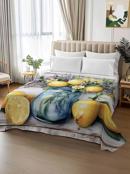 Flat Sheet, 1 Piece Top Sheet Twin Size Yellow Lemon Purple Floral Soft Breathable Bed Sheet Wood Grain Brushed Microfiber Bed Sheet, Wrinkle Resistant, Fade Resistant Bedding